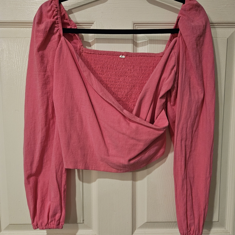 SHEIN Fuchsia Long Sleeve Wrap Crop Top